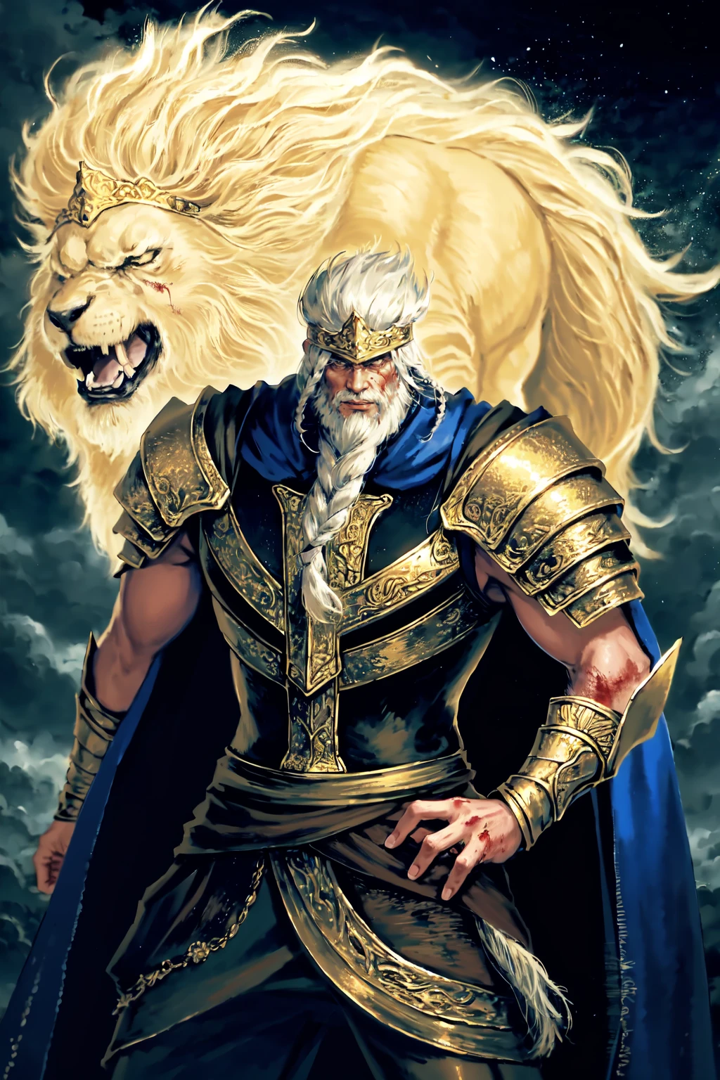 <lora:Godfrey1.0:0.8>,1boy,solo,white hair,braid,beard,crown,golden lion,hand on another's shoulder,
armor,blue cape,angry,blood,torn clothes,fire,
cowboy shot,simple background,starry,strry light,night,colorful,cloud,star,
masterpiece,best quality,ultimate details,highres,8k,wallpaper,extremely clear,