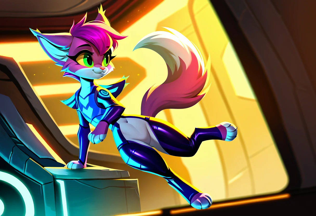 score_9, score_8_up, score_7_up, score_6_up, score_5_up, score_4_up, 
solo, furry, hs-style-fal, female, furry, cat, shiny clothes, glossy clothes, bottomless, featureless crotch, safe, rating_safe, cute, futuristic, sci-fi, 
,



,