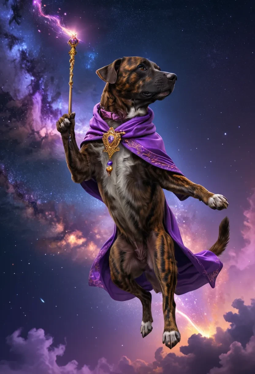 Digital illustration, a Brown Catahoula Dog adorned in a purple robe holding a scepter while leaping and soaring through the sky, depicted as a cosmic explorer, riding a majestic phoenix through the swirling nebulae of space, its fur aglow with the ethereal light of distant stars, symbolizing courage and curiosity in the face of the unknown, cinematic, glowing hue, vignette <lora:Brown Catahoula Dog XL_epoch_3:0.75> <lora:detailed_notrigger:1>