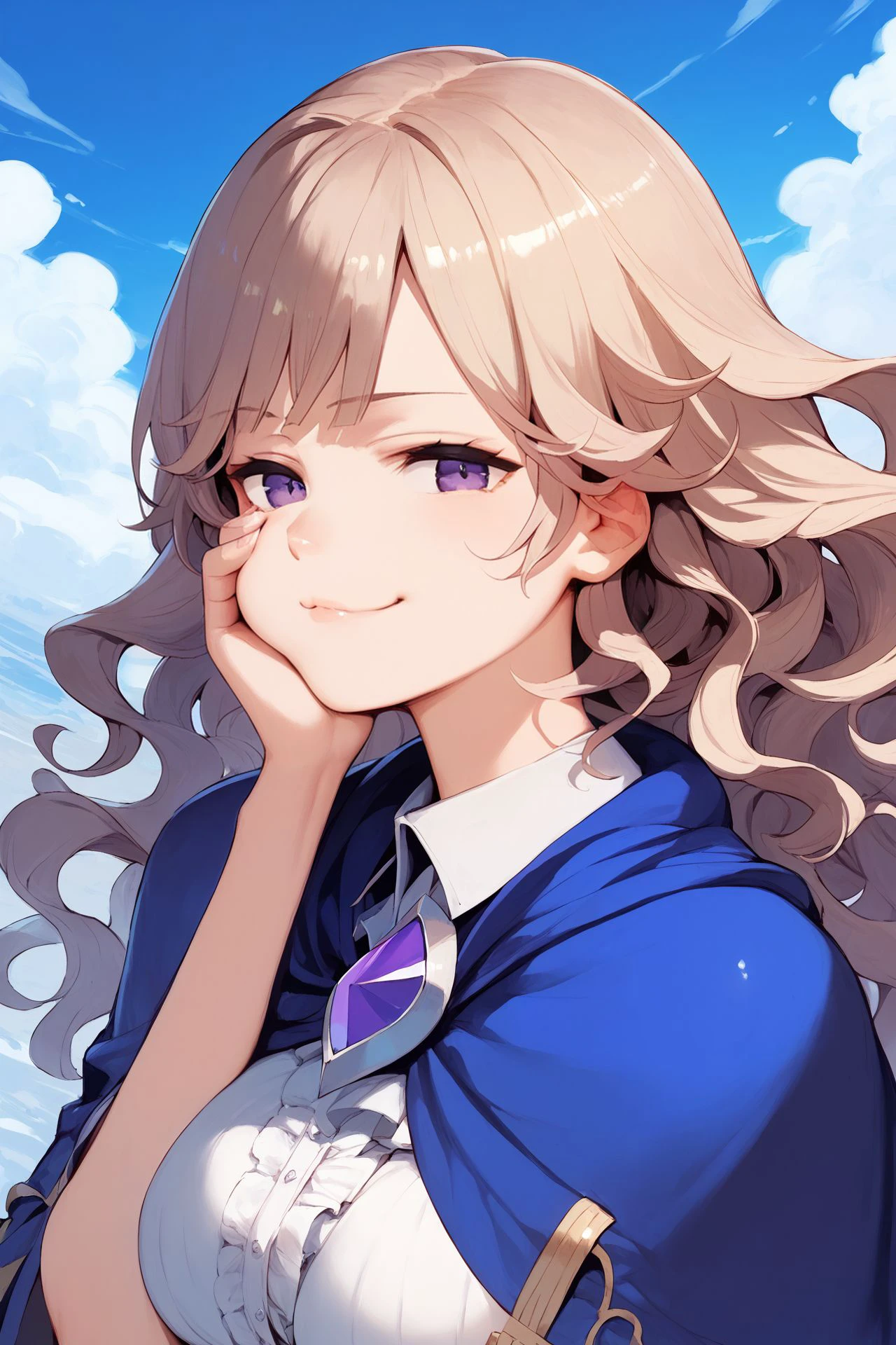 score_9, score_8_up, score_7_up, 1girl, smug, hand on own cheek, bronze hair, straight-across_bangs, wavy_hair, light_purple eyes, breasts, shoulder cape, beautiful background <lora:Haruno_Shuu_PonyXL_style_v01:1>