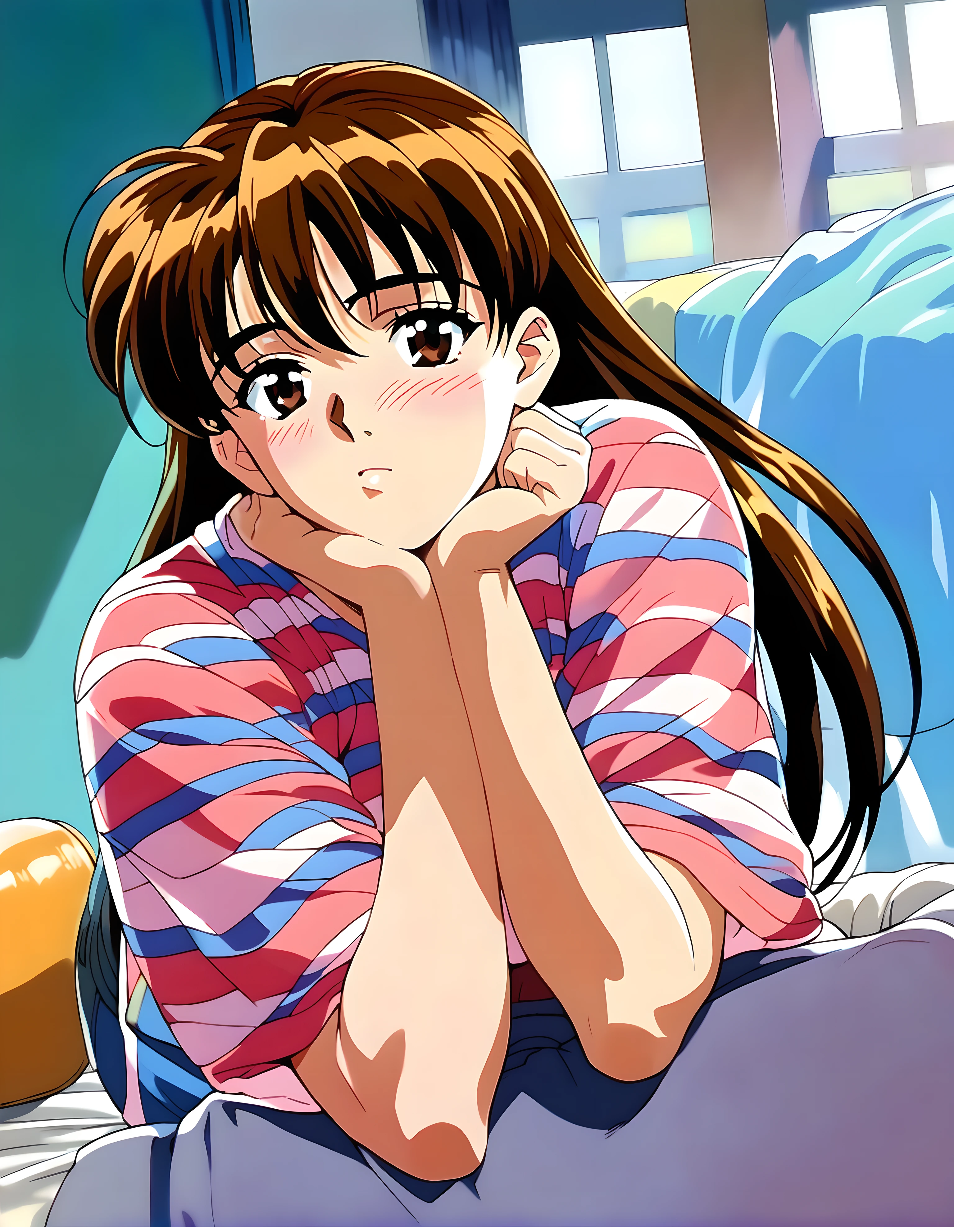 <lora:pony_xl_ryoko:0.8>,ryoko,score_9,score_8_up,score_7_up,source_anime,1girl,solo,indoor,looking at viewer,striped_shirt,sideways_glance,light_blush,thinking,sitting,