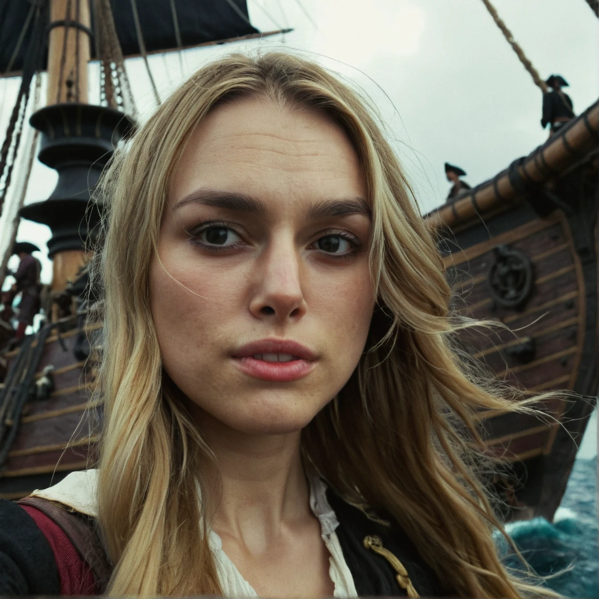 high resolution photo close up of kkn woman,long blonde hair,pirate ship background,taking a selfie,gloomy,dimly lit,bokeh,depth of field,she is looking at camera