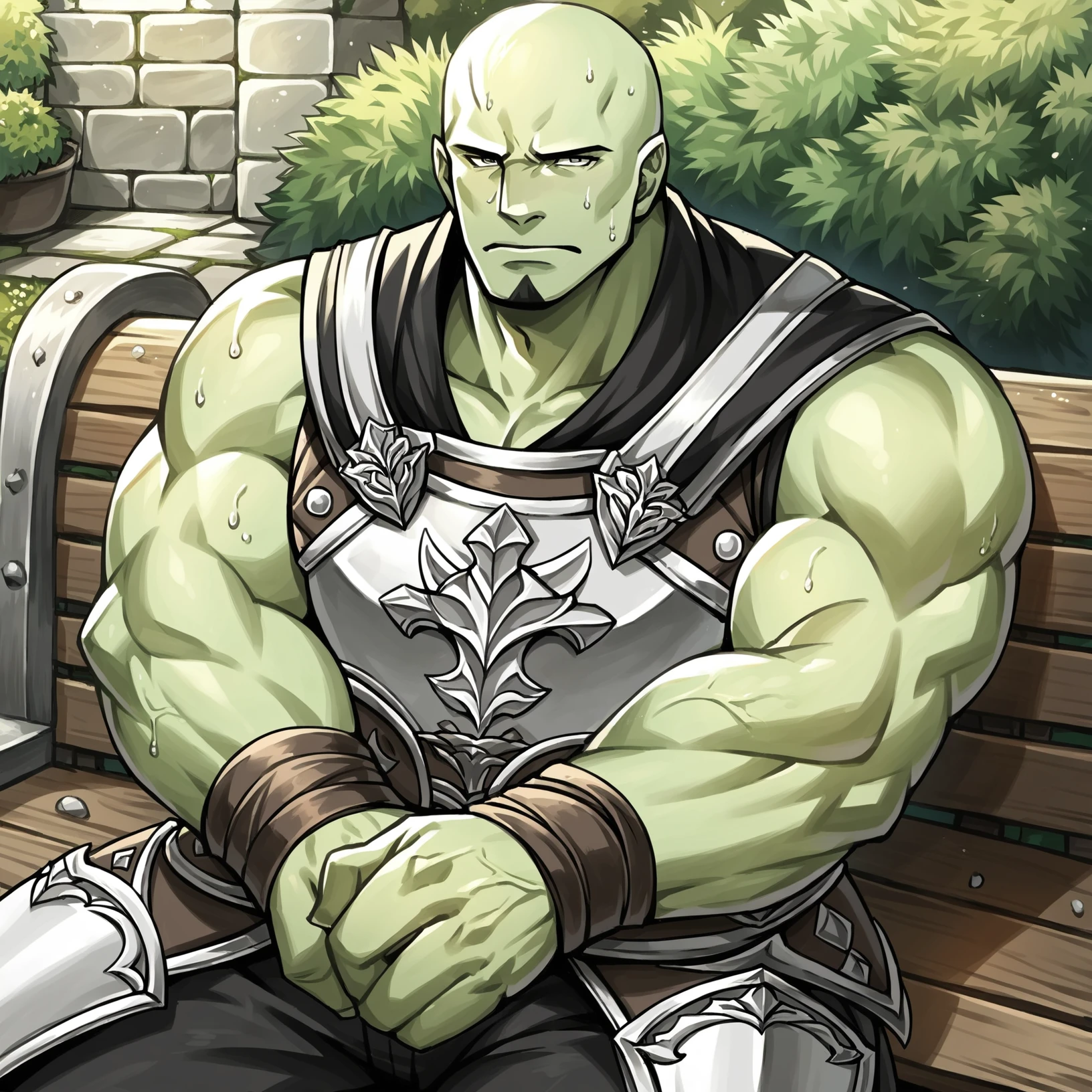 score_9, score_8_up, score_7_up, score_6_up, score_5_up, score_4_up, realistic, photo, source_anime, Roegadynffxiv, 1boy, solo, exhausted, bara, muscular, sitting, tired, on bench, garden, medieval, (head back:1.1), sweating, plate armor, bald, green skin <lora:RoegadynFFXIVPonyV1-02:1>