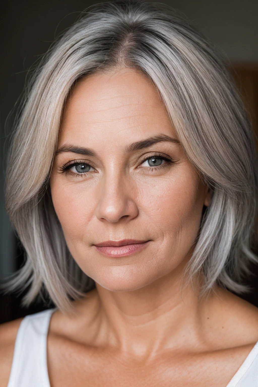 40yo woman, blonde-grey hair, deep wrinkles, closeup, hard shadows
