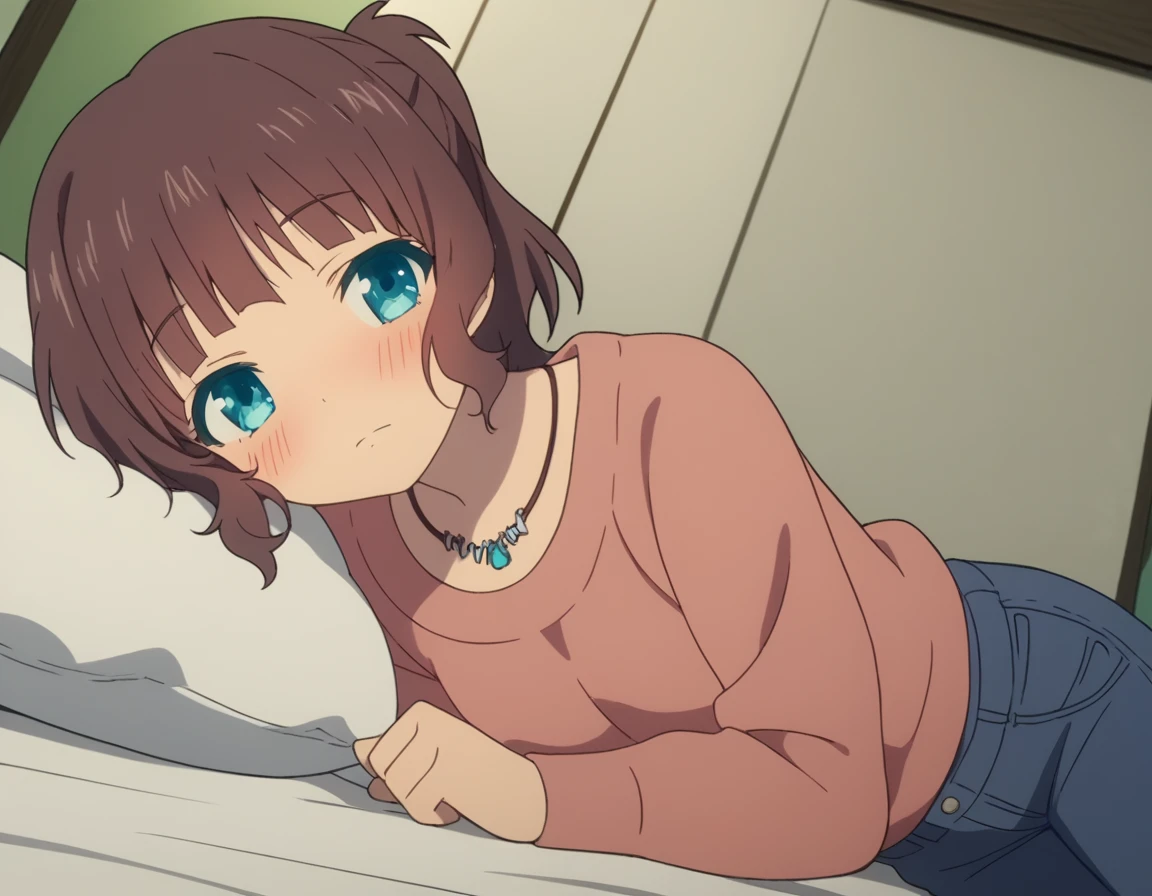 score_9, score_8_up, score_7_up, source_anime,
akarisakishima, <lora:akari-sakishima-s1-ponyxl-lora-nochekaiser:1>,
akari sakishima, short hair, blue eyes, brown hair, ponytail,
jewelry, pants, necklace, denim, collarbone, long sleeves,
indoors, bed, bed room, on side, blush, drunk,
looking at viewer, cowboy shot, dutch angle, solo,