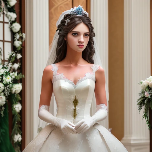 brown hair, wedding dress, hair ornament, gloves, skirt, long hair, 1girl, realistic