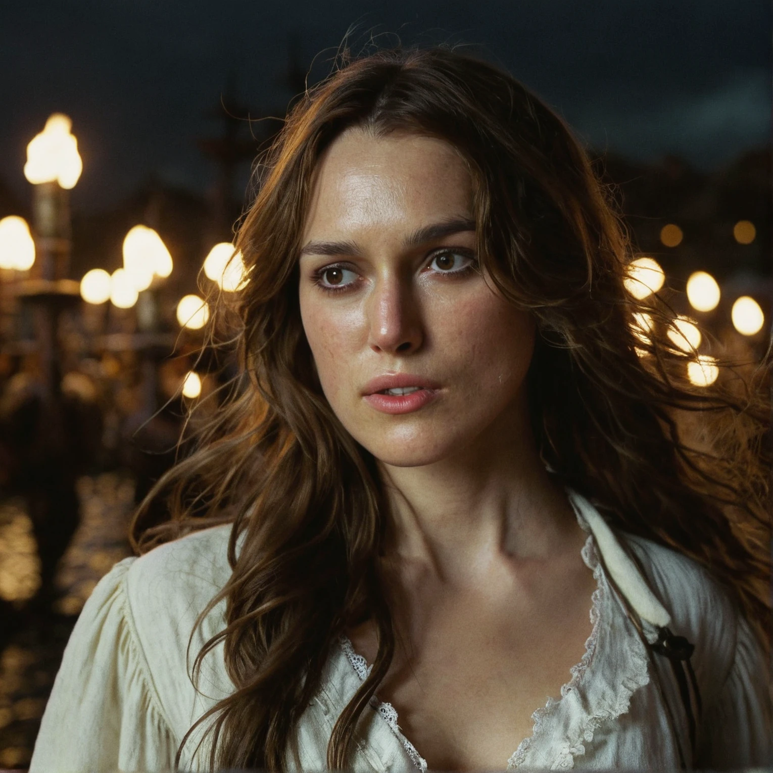 high resolution photo close up of kkn woman,long brown loose waves hair,wearing white garment,in a pirate city,gloomy,dimly lit,bokeh,depth of field,she is looking at camera