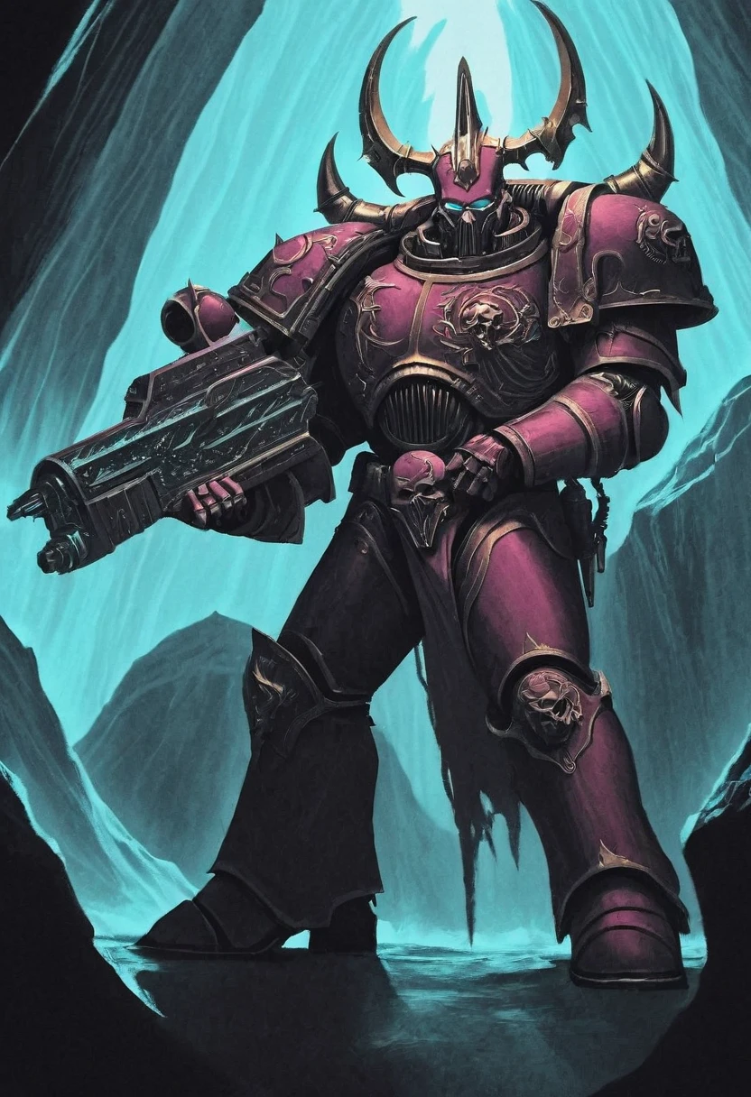 Digital painting, Chaos Marine from the Emperor's Children, dynamic pose, holding sonic blaster, pink and gold power armor, Slaanesh \(symbol\), dark and icy cavern background, backlit, limited color palette, extremely detailed, dynamic contrast, bold outlines, expressive, thick lines, masterpiece, 
 <lora:Slaanesh:1>