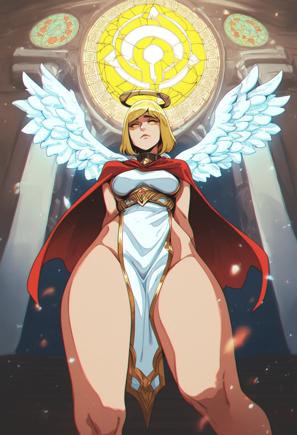 Angel femboy, long blonde cleopatra hair, blue eyes, halo, gigantic angel wings, gigantic muscular body, erect penis with big balls, big breasts, 4 arms, full body.