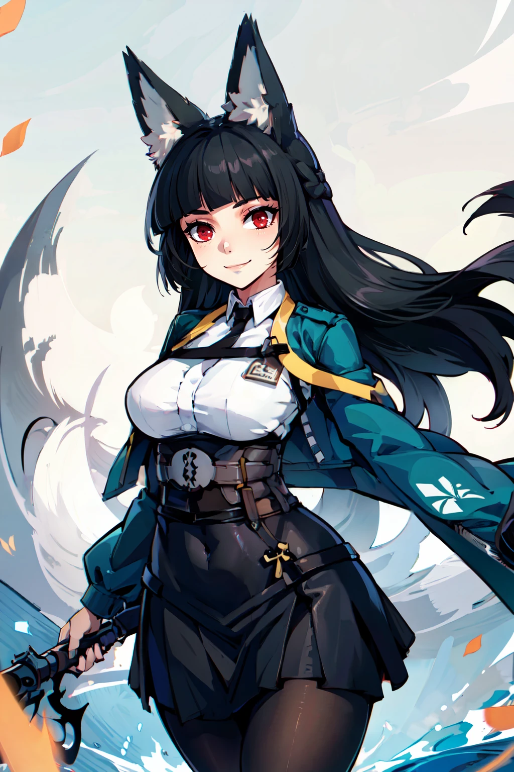 ((masterpiece,best quality)), absurdres, <lora:hoshimi_miyabi:0.7>,  curvy, medium breasts, wide hips,   hoshimi miyabi, fox ears, red eyes, black hair, long hair,  jacket,  black skirt, black pantyhose,   solo, smile, looking at viewer, cowboy shot,