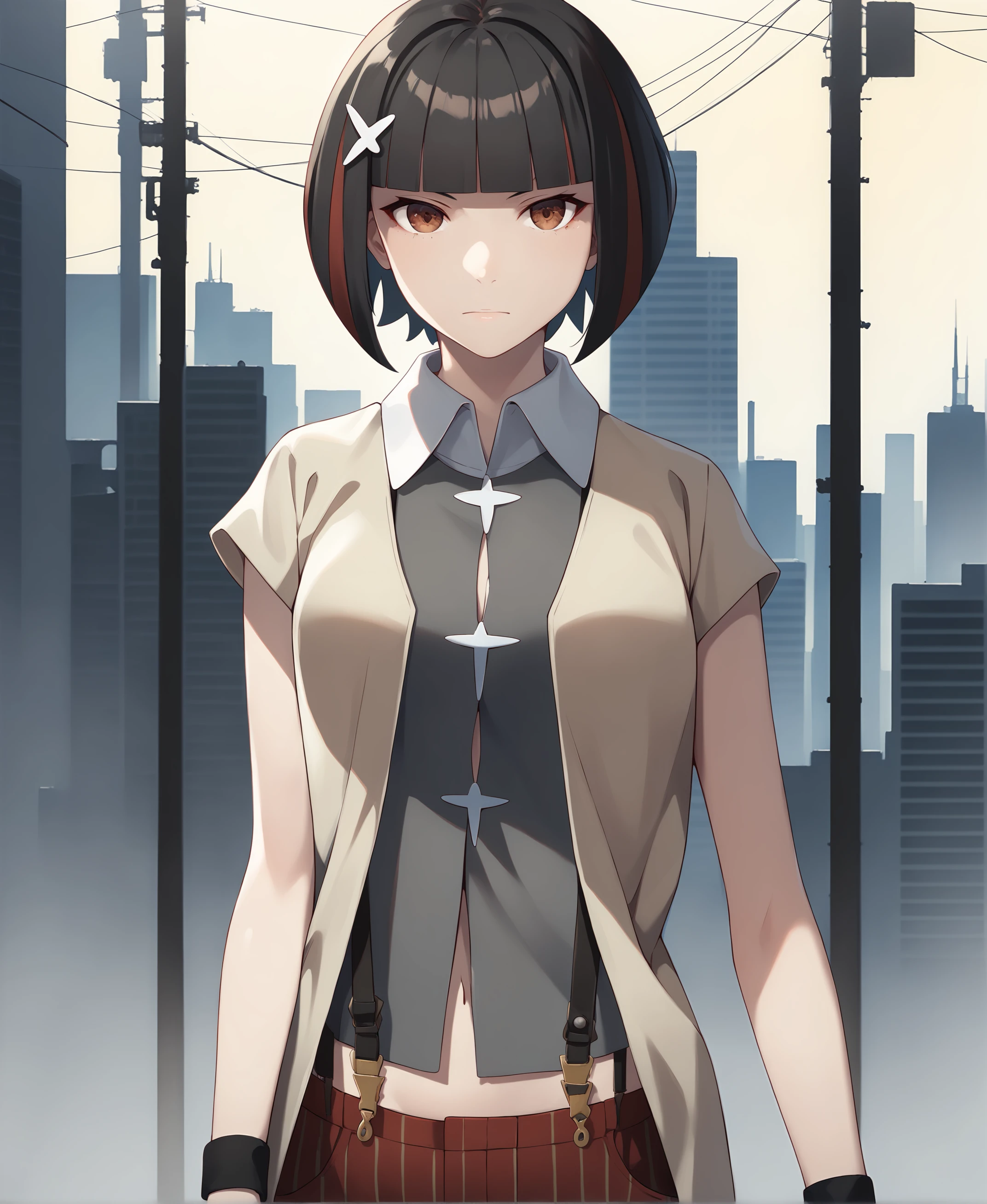 score_9, score_8_up, short hair, standing, 1girl, solo, brown eyes, bob cut, two-tone hair, red hair,  looking at viewer, blunt bangs,hair ornament, black hair,  jacket,  wristband, collared shirt, striped pants, short sleeves, suspenders, upper body, stomach, city, light frown,  <lora:Kagenui-000011:0.7>