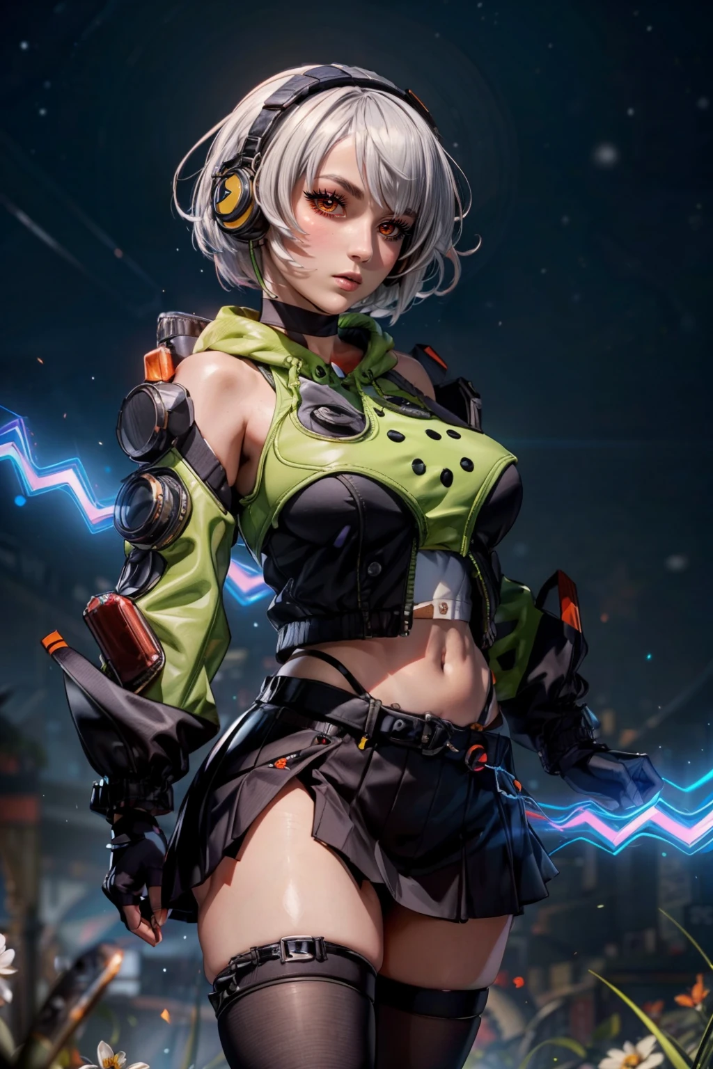 (ultra realistic,32k, masterpiece:1.2),(high detailed skin:1.1),( high quality:1.1),  <lora:anby_demara:0.7>,  curvy, medium breasts, wide hips,  anby demara, orange eyes, short hair, white hair, bare shoulders, black gloves, black skirt, black thighhighs, fingerless gloves, gloves, green jacket, headphones, jacket, navel, skirt, stomach, thighhighs,  solo, looking at viewer,   blooming stars, luminescent petals, otherworldly fragrance blurry background, (looking at viewer, standing:1.1), huge breast, large breast, <lora:add_detail:0.92>, (glowwave:1.1),