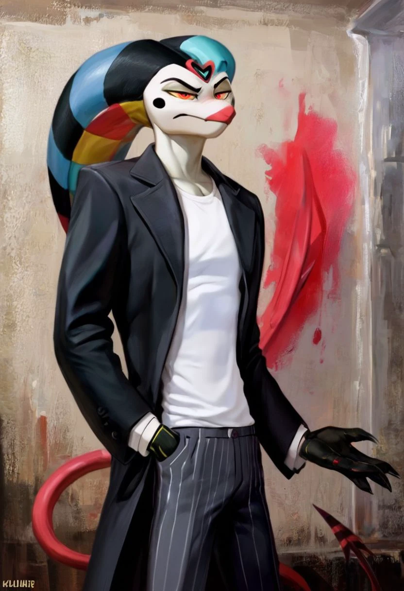 Fizz[Helluva], Fizzarolli[Helluva], white face, clown like makeup, yellow sclera, tail, demon tail, blue teeth, sharp teeth, red body, red and white body, robotic arms, robotic limbs, robotic legs, robotic enhancements, jester like hat, red eyes, anthro, (male anthro demon:1.3).  Solo, alone, by himself, 1boy, male.  clothing, clothed, dressed, white shirt, shirt, white shirt, mid waisted slacks, grey mid waisted slacks, mid waisted dress pants, grey mid waisted dress pants, black coat, long black coat, 1920s coat, 1920s black coat.  thin, skinny body, skinny, thin body, twink, twink body, skinny body, skinny, (muscle:1.47), (twink body:1.7), (red body:1.1).  HD, digital painting, digital art, masterpiece.  standing, standing up.  closed mouth, annoyed emotion.  Realistic, Furry, Animalistic features, Anthro, Detailed, Shaded,  simple cream background.  HD, digital painting, digital art, masterpiece ((fullbody portrait)), digital drawing (artwork), digital media (artwork), hi res, (furry art, uploaded on e621:1.1), best quality, highly detailed, intricate details, extremely detailed, perfect hands, negative_hand. Realistic, Anthro, Detailed, Shaded,