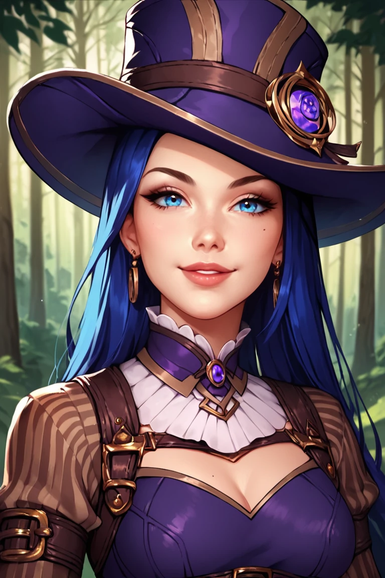 score_9, score_8_up, score_7_up, score_6_up, score_5_up, score_4_up, CaitlynLoLXL, blue eyes, blue hair, long hair, purple high hat, hat ornament, medium breasts, purple dress, skirt, (brown medium sleeve:1.3), brown glove, harness, (portrait shot, upper body), seductive smile, looking at viewer, forest, tree <lora:CaitlynLoLXL:0.7>