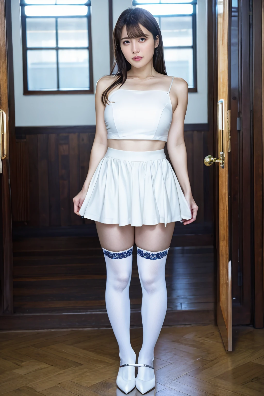 (Only one person), Pure Japanese young girl, wearing white gothic Lolita style dress and accessories, classical high heels, vivid makeup and lips, thick eyebrows, arranged hair styles, sweet smile, sitting, lift up skirt, spread wide legs, (panty), summer sunshine, professional photography, 