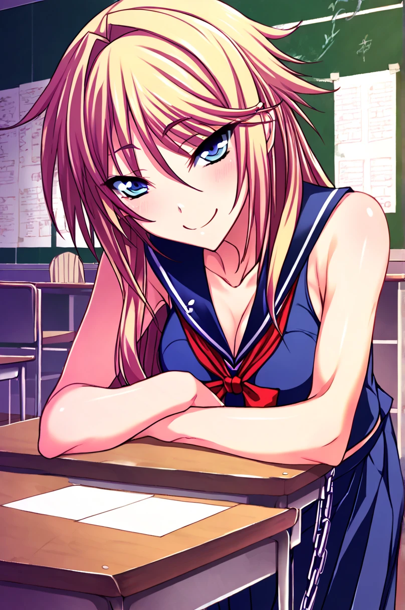 score_9, score_8_up, score_7_up, score_6_up, score_5_up, score_4_up, source_anime
<lora:Tsujidou Ai-000040:1>, 1girl, solo, Tsujidou Ai, blue eyes, chains, serafuku, classroom, bent over, smile, looking at viewer, solo, cowboy shot, dutch angle