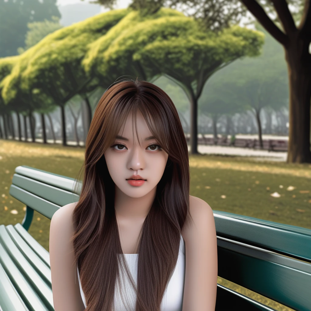 sze, 1girl, best quality, photorealistic, 8k, high res, full color, 20 years old woman, (closed mouth:1.2), (skindentation), (portrait:0.6), tree, park bench, daylight, (park background:1.2), full color, ((white dress:1.2)), detailed eyes, detailed iris, beautiful expression, looking at viewer:1.3, (1girl eyes looking at viewer:1.3), (medium-length hair, beautiful hair, (bokeh), highres