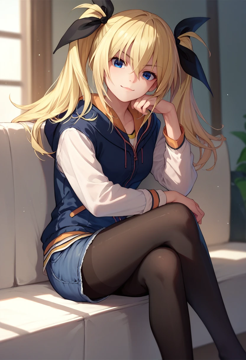 score_9, score_8_up, score_7_up, 1girl, HinaCasual, blue eyes, blonde hair, twintails, black hair ribbon, black hoodie, denim shorts, pantyhose, white shirt, sitting, crossed legs, looking at viewer, <lora:Arimura 10 DORA 3:1>