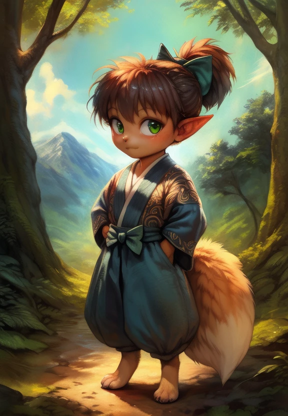 <lora:ShippouDemonFox:1>  [Forest, path, trees, sky clouds, mountains,] ShippouDemonFox, kemono, green bow on the head, green bow eyes, animal legs, tail,  pointed ears, (soft skin,), 
textured fur, solo, looking at viewer, to his full height, (beautiful, aesthetic, perfect, delicate, intricate, masterpiece, ) chibi, (Hands on hips, standing,)
[by kenket|by totesfleisch8], by thebigslick:by silverfox5213:0.8], [by syuro, by paloma-paloma::0.2, (Tricksta, TotesFleisch8)