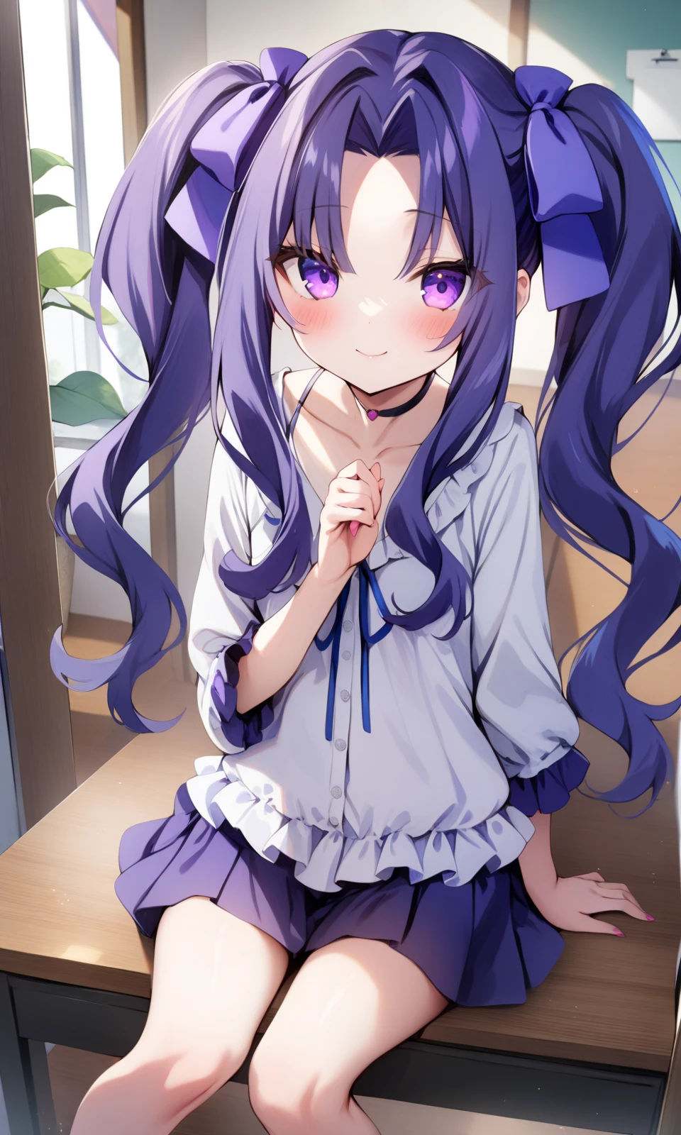 1girl, meltyqmelromarc, solo, twintails, 1girl, smile, long hair, bow, blush, purple eyes, looking at viewer, hair bow, casual, 
looking at viewer, light smile, sitting, 
indoors, 
masterpiece, best quality, very aesthetic, by kedama_milk, 
<lora:MeltyQMelromarc_XL:1>