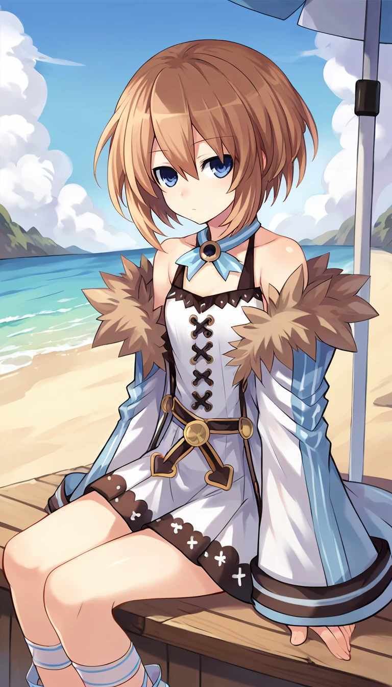 score_9, score_8_up, score_7_up, score_6_up, score_5_up, source_anime, 1girl, solo, brown hair, blue eyes, short hair, ribbon, long sleeves, wide sleeves, off shoulder, bare shoulders, short dress, coat, fur trim, ankle ribbon, sitting, outdoors, sunny, sky, beach, looking at viewer, cowboy, <lora:Blanc_Neptunia_PonyXL:0.8>, Blanc \(neptunia)\