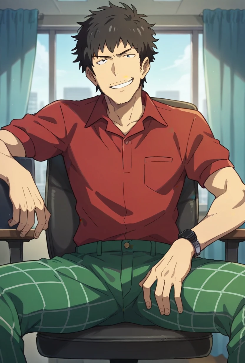 score_9, score_8_up, keisuke suga, 1boy, solo, black hair, messy hair, stubble, red polo shirt, green checkered pants, short pants, smirk, sitting, spread legs, office chair, office, curtains, smile, looking at viewer