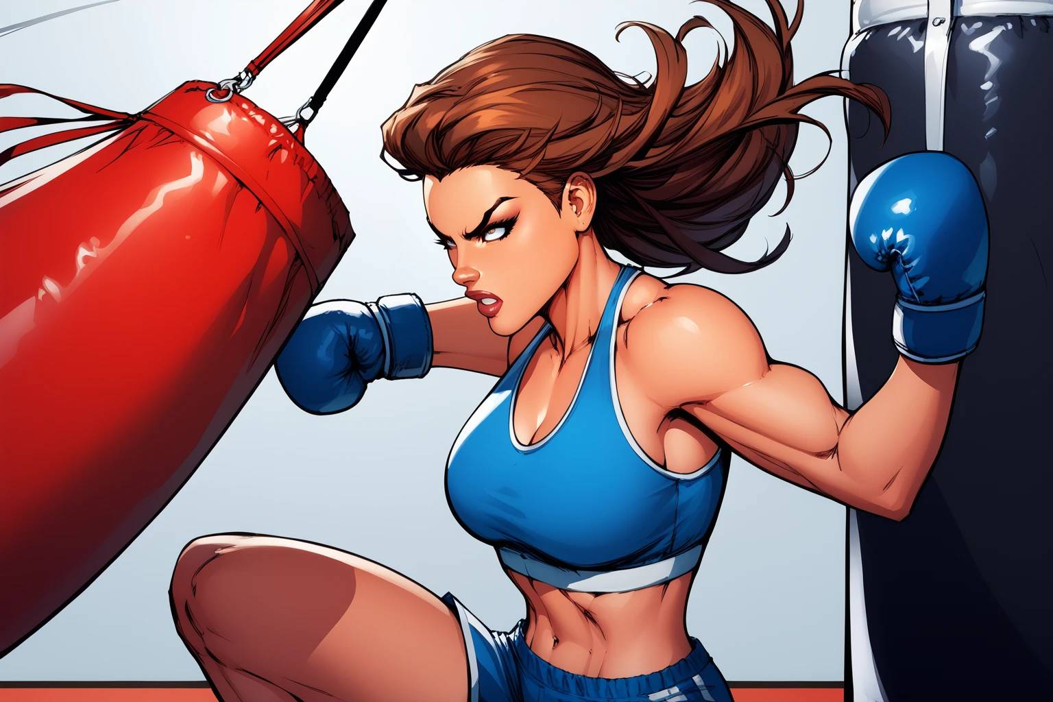 score_9, score_8_up, score_7_up, masterpiece, high quality,
<lora:Spider WomanPonyLora:0.8> , long brown hair, sports bra, shorts, fist fighting stance, punching a punching bag, angry, from side, boxing gloves, in a gym
<lora:Michael TurnerStylePonyLyco:1> mtms