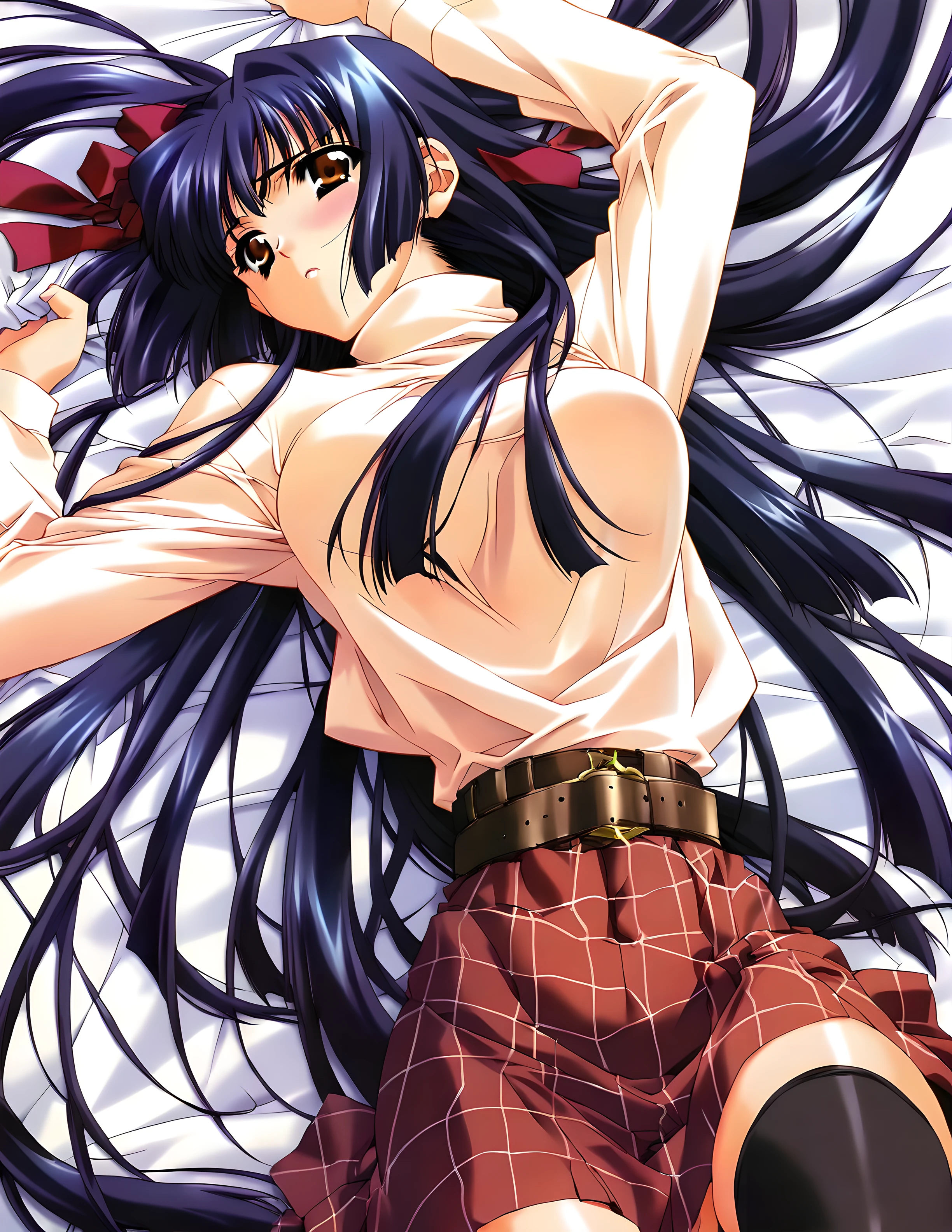 <lora:pony_xl_suzuna:0.8>,suzuna,score_9,score_8_up,score_7_up,source_anime,1girl,solo,hair_ribbon,white turtleneck,long sleeves,belt,plaid skirt,black thighhighs,thigh gap,bed_sheet,wrinkling of clothes,clutching the sheets,on back,light_blush,cowboy_shot,face_focus,