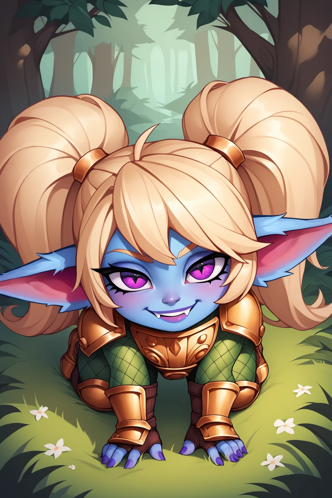 score_9, score_8_up, score_7_up, score_6_up, score_5_up, score_4_up, PoppyLoLXL, yordle, shortstack, purple eyes, blonde hair, twintails, blue skin, colored skin, golden armor,green snakeskin shirt, green snakeskin pants, brown boots, all fours, looking at viewer, seductive smile, forest, tree  <lora:PoppyLoLXL:0.7>