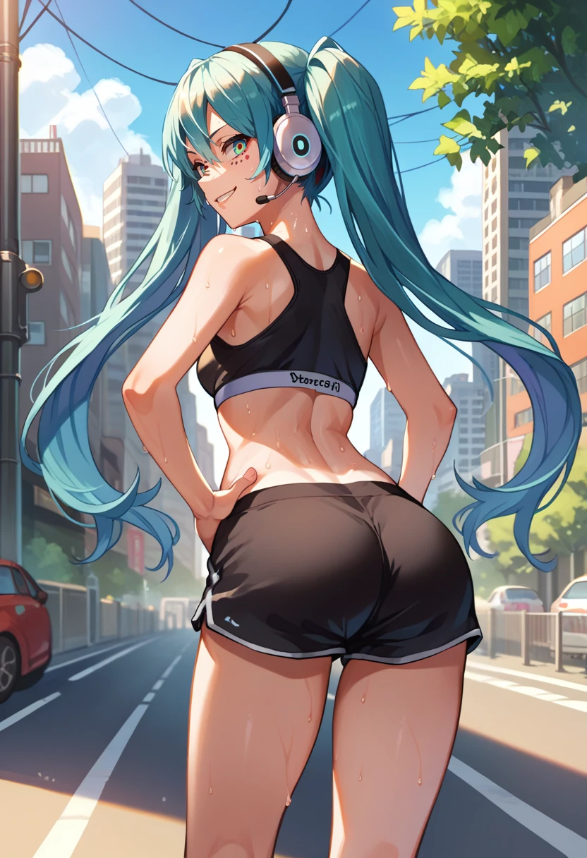 score_9, score_8_up, score_7_up, source_anime, from behind, solo, 1girl, matroyshkamiku, sweat, smile, looking back, hands on own hips, twintails, headphones, multicolored eyes, black sports bra, black shorts, short shorts, ass, outdoors, city street <lora:vocaloid_matryoshkamiku_ponyXL:1>