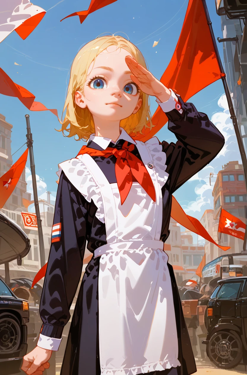 cinema lens,dynamic angle,1girl,blonde,(solo:1.3), one arm salute, red flag,from above
white apron,black dress,long sleeves,red neckchief,cccpuniform,(white cuff:1.2)
<lora:Perfect Hands:1><lora:age_slider_v4:-2>
<lora:è弿 ¡æ:0.8> <lora:naip33:1>, score_9, score_8_up, score_7_up, score_6_up, score_5_up, score_4_up,zPDXL