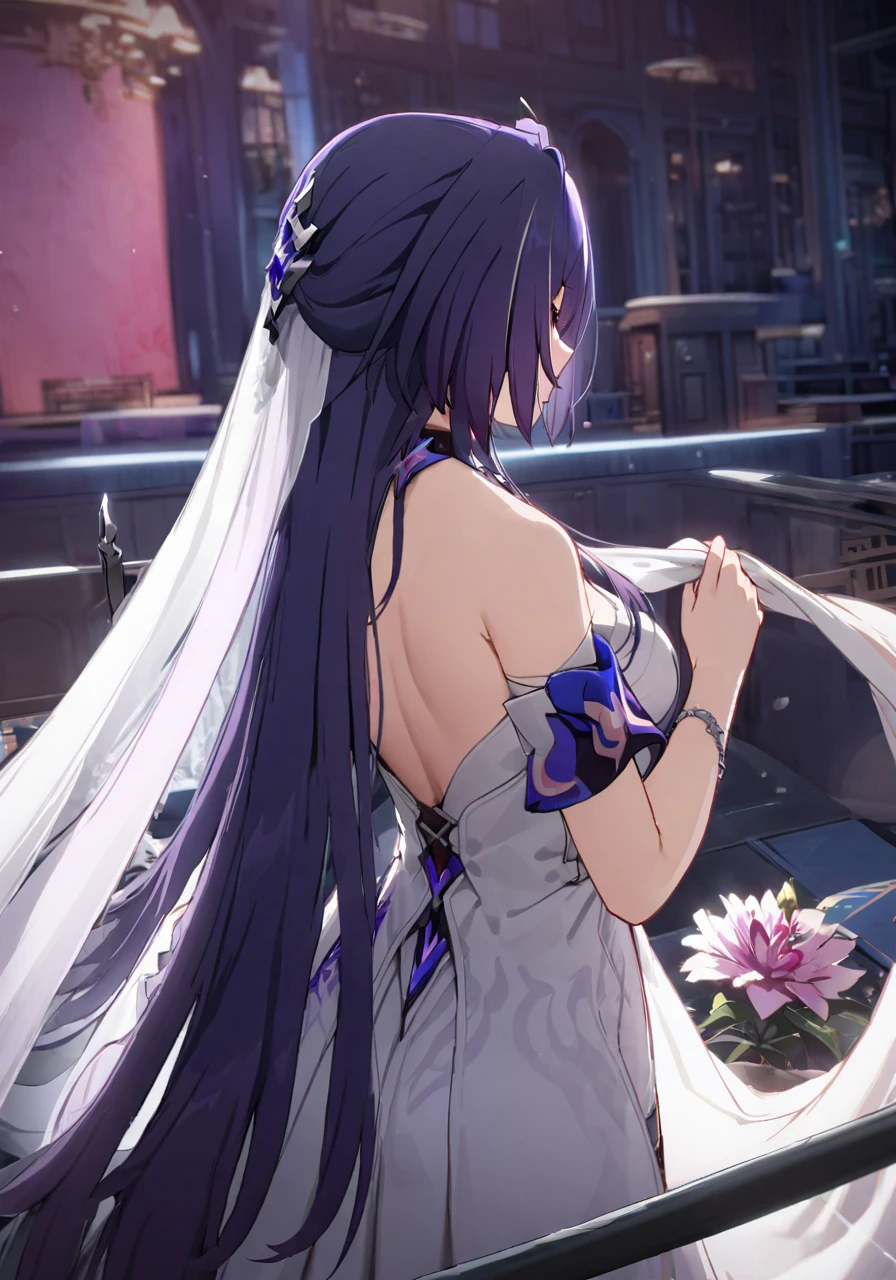 ((masterpiece)),((best quality)),highres,extremely detailed CG,perfect lighting,8k wallpaper,
1girl,acheron \(honkai: star rail\),purple hair,very long hair,purple eyes,white wedding dress,white veil,
<lora:Achreon_SDXL_V1-000014:1>,