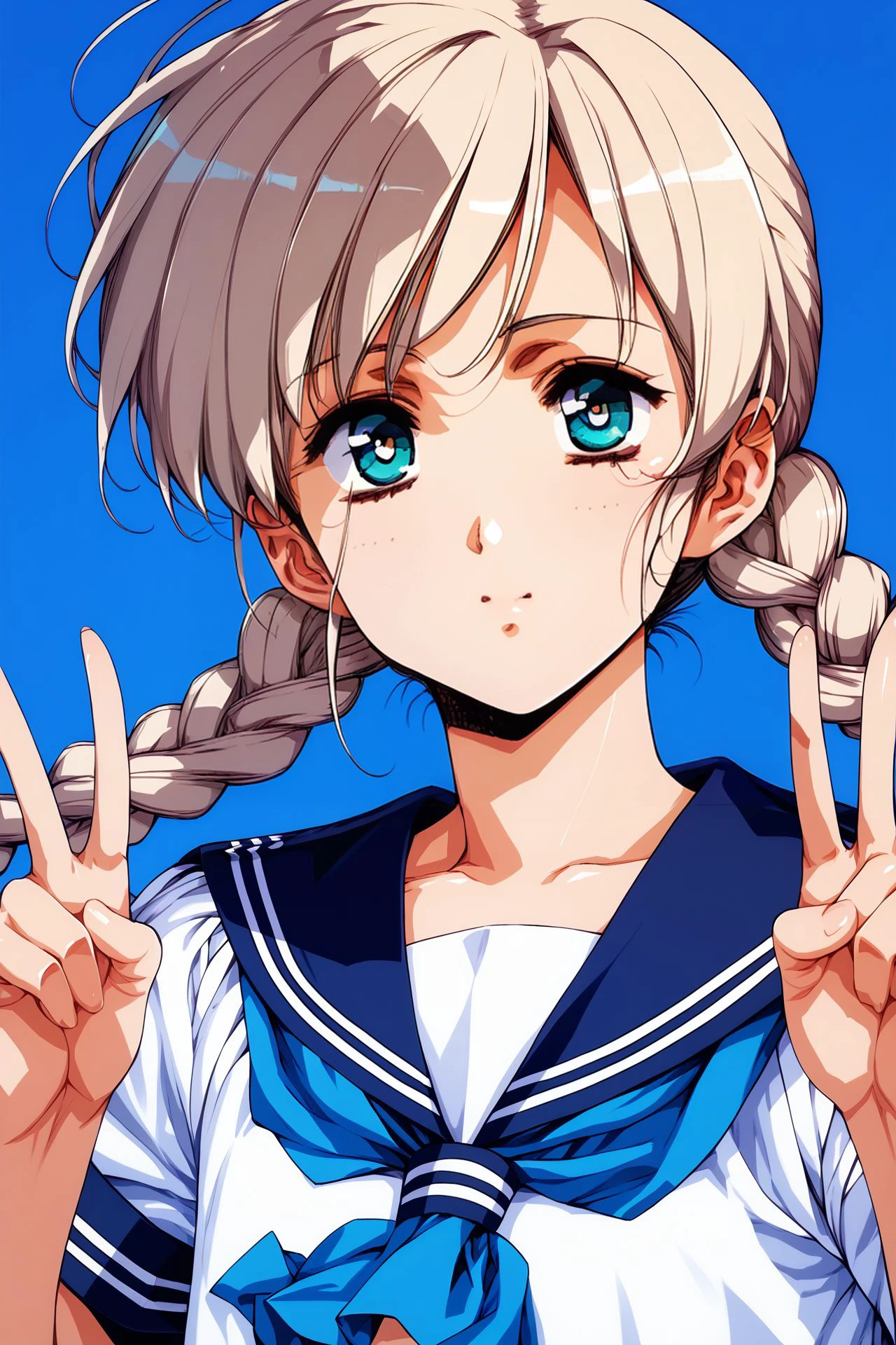 score_9, score_8_up, score_7_up, 1girl, dizzy, double_v, beige hair, micro_bangs, low_twin_braids, aqua eyes, flat chest, sailor_\(naval_uniform\), beautiful background <lora:Urushihara_Satoshi_PonyXL_style_v01:1>