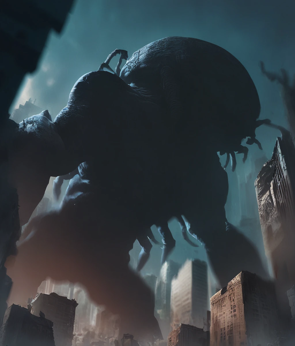 Score_9,score_8_up,score_7_up,creature,(all fours),solo,no humans,colossal titan,size difference,foge,ha_ze,motion blur,blurry,city,ruins,from below,night,dark,dreepy,<lora:Horror_The_Mist:0.8>,