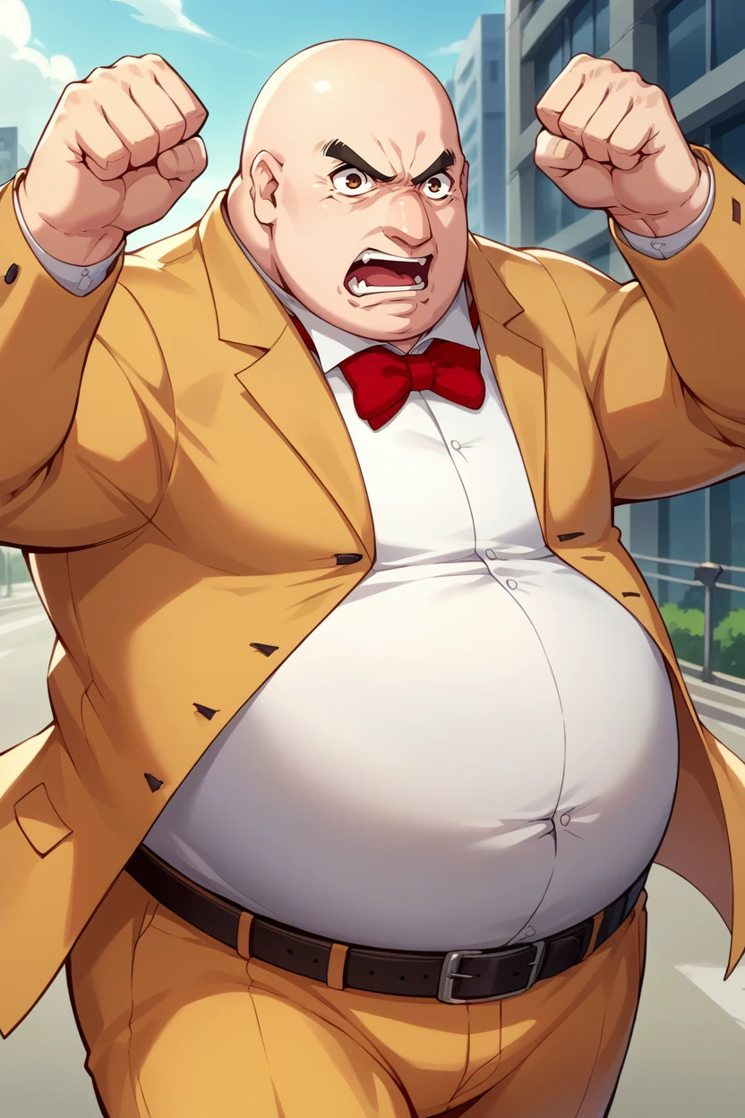 score_9, score_8_up, score_7_up, score_6_up, source_anime, BREAK male focus, solo <lora:p5kobayakawa-pdxl-nvwls-v1-000005:1> p5principal, fat man, obese, bald, yellow jacket, formal, white shirt, red bow tie, belt, yellow pants, fist, punch, clenched hand, angry, yelling, city, fighting stance, raised arm