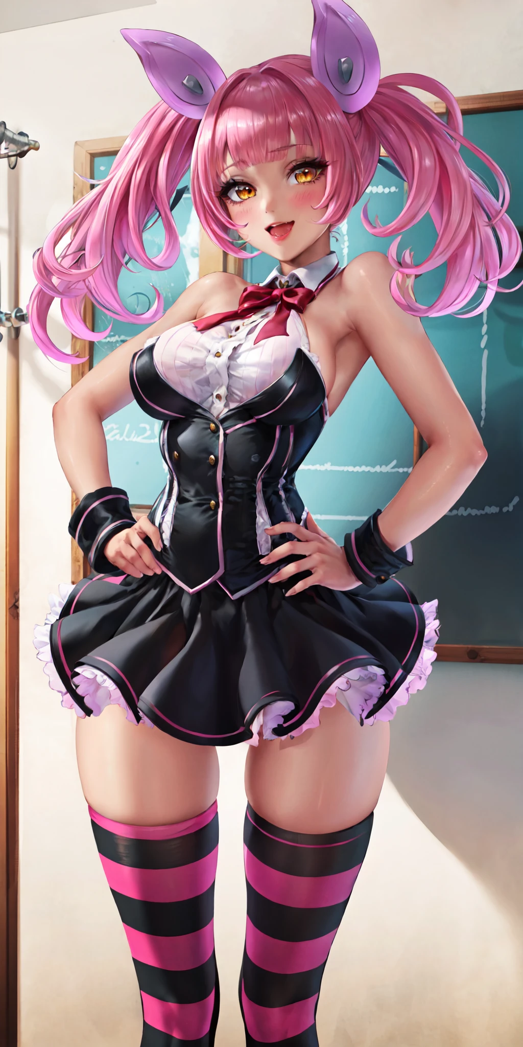 1girl, mature female, shiny skin, (masterpeice), (wallpaper), (high quality), (absurdres), <lora:sakimichan-v1.6-lora-naivae-newcraft:0.5>, <lora:GoodHands-vanilla:1>, <lora:bonnieQT:0.8>,bonnie, pink hair, twintails, orange eyes, fake animal ears, two-tone hair, bangs, long hair, looking at viewer, black dress, black skirt, lace-trimmed skirt, bare shoulders, wrist cuffs, smile, solo, striped, striped legwear, halterneck, neck ribbon, red ribbon, wand, heart,pink legwear, black corset,standing, hands on own hips, chalkboard, cowboy shot, window,