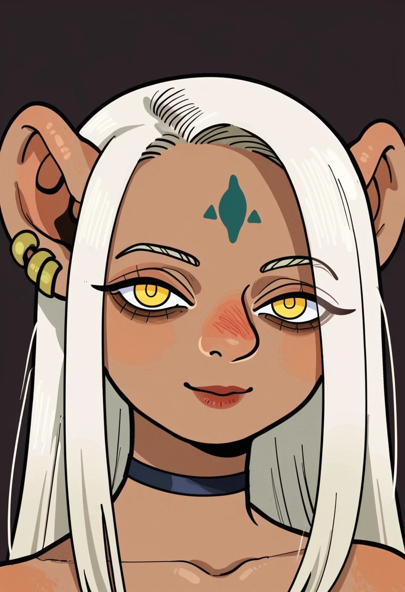 score_9_up score_8_up score_7_up, gnome, portrait, solo, 1girl, yellow eyes, choker, long hair, dark skin, white background, simple background, white hair, horizontal pupils, jewelry, dark-skinned female, earrings, looking at viewer, black choker, closed mouth, forehead mark, facial mark, smile, collarbone
<lora:dungeon_meshi_races_pony7_d16:1>