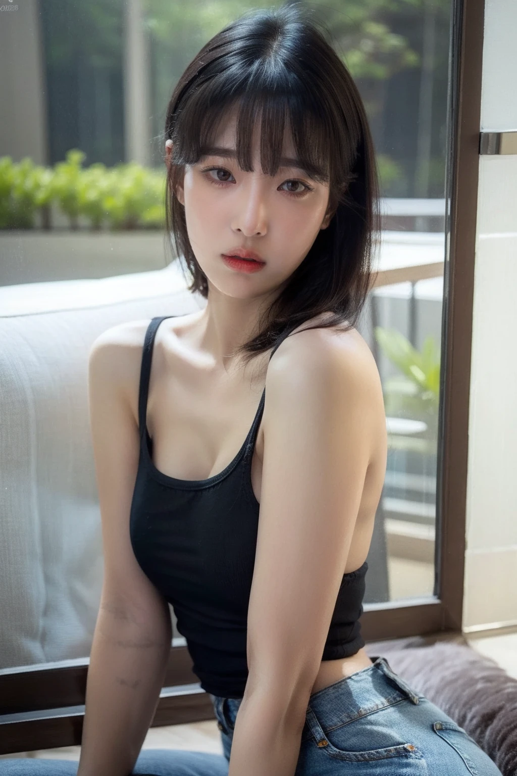 (realistic), (hyperrealism),best quality, masterpiece,ultra high res, (photorealistic:1.4),1girl,(looking at viewer:1.2),1girl, solo, realistic, looking at viewer, parted lips, short jeans, tanktop,
, <lora:makina69_kanginkyung_v1.0:1>