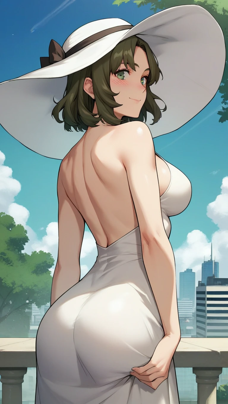 score_9, score_8_up, score_7_up, score_6_up, score_5_up, score_4_up, source_anime, BREAK
mobwoojin, 1girl, solo,
standing, back, cowboy shot, looking back, looking at viewer,
medium hair, green hair, green eyes, bangs,
Breasts, narrow waist, smile, closed mouth, blush,
White dress, summer hat,
Outdoors, cityscape, day, tree, blue sky, cloud,
masterpiece, best quality, extremely detailed,
<lora:SeoWooJin_PonyXL_v1:1>