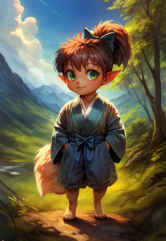 <lora:ShippouDemonFox:1>  [Forest, path, trees, sky clouds, mountains,] ShippouDemonFox, kemono, green bow on the head, green bow eyes, animal legs, tail,  pointed ears, (soft skin,),
textured fur, solo, looking at viewer, to his full height, (beautiful, aesthetic, perfect, delicate, intricate, masterpiece, ) chibi,
[by kenket|by totesfleisch8], by thebigslick:by silverfox5213:0.8], [by syuro, by paloma-paloma::0.2, (Tricksta, TotesFleisch8)