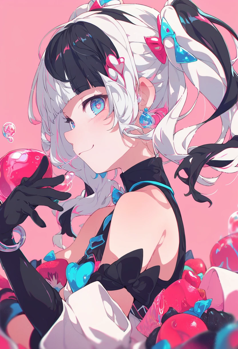 score_9, score_8_up, score_7_up, score_6_up, <lora:ogipoteXL_P6_lokr_V42310:0.95> 1girl, gloves, black hair, jewelry, white hair, multicolored hair, blue eyes, black gloves, long hair, smile, earrings, twintails, hair ornament, bracelet, elbow gloves, bare shoulders, sleeveless, looking at viewer, upper body, heart, pink background, closed mouth, solo, two-tone hair, blunt bangs, streaked hair, nose bubble, from side, profile, sleeveless shirt, symbol-shaped pupils, shirt, triangle hair ornament, fruit, holding
