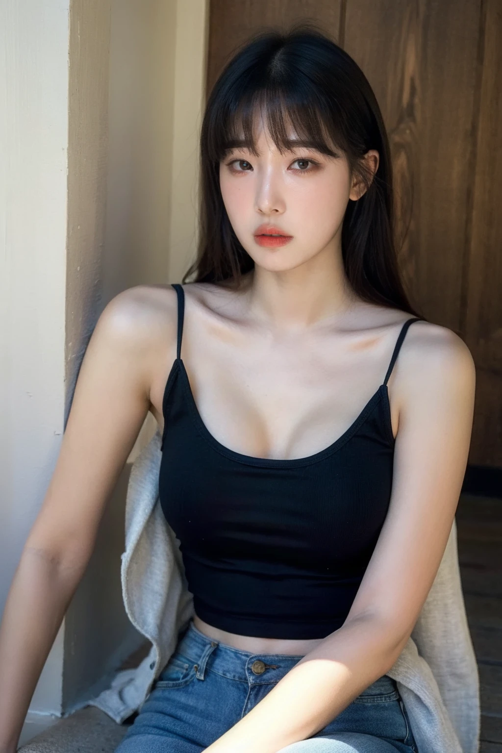(realistic), (hyperrealism),best quality, masterpiece,ultra high res, (photorealistic:1.4),1girl,(looking at viewer:1.2),1girl, solo, realistic, looking at viewer, parted lips, short jeans, tanktop,
, <lora:makina69_kanginkyung_v1.0:1>
