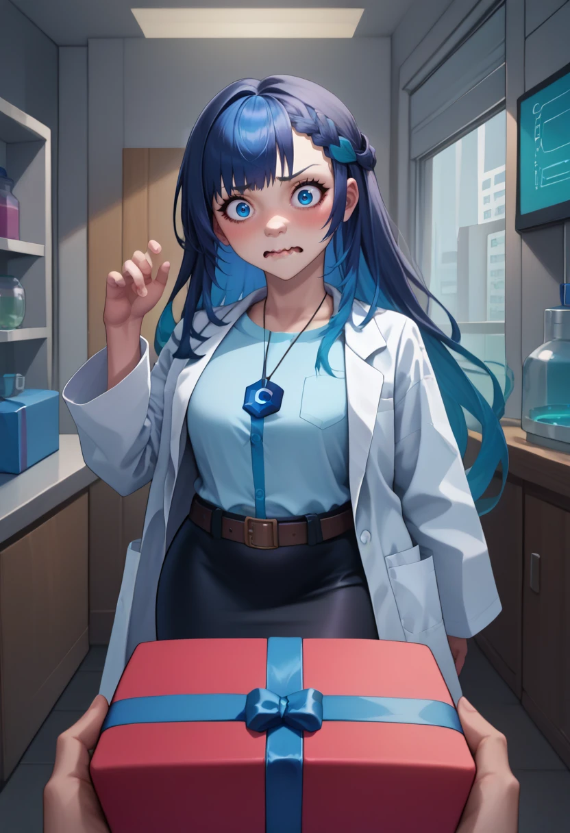 masterpiece, best quality, <break> cowboy shot, solo, 1girl, civitai-chan, grin, looking at viewer, standing, hand on own hip, outstretched arm, thumbs up, long hair, colored inner hair, black hair, blue hair, braided bangs, blue eyes, one eye closed, white coat, lab coat, open coat, long sleeves, white shirt, collared shirt, shirt tucked in, black skirt, pencil skirt, black belt, black pantyhose, necklace, indoors, burning building, fire, debris
<segment:yolo-Anzhc Face seg 640 v2 y8n.pt,0.4,0.5//cid=1>