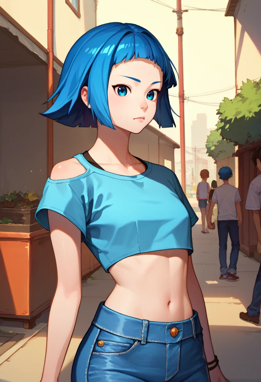 score_9, score_8_up, score_7_up, 1girl, Sawai Riko, blue hair, blue eyes, crop top, jeans, <lora:Riko XXX-step00000350:1>