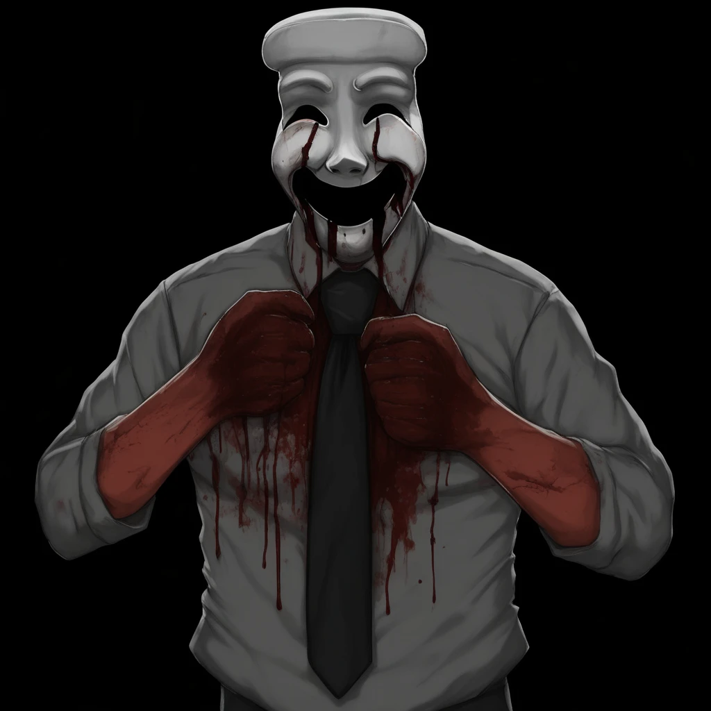 spread arms, black necktie, hands on own face, white background, open mouth, theatre mask, pants, portrait, greyscale, blood on clothes, horror (theme), orange shirt, blood on hands, smile, grey pants, black secretions from eyes and mouth, blood, helmet, simple background, crying, weapon, shirt