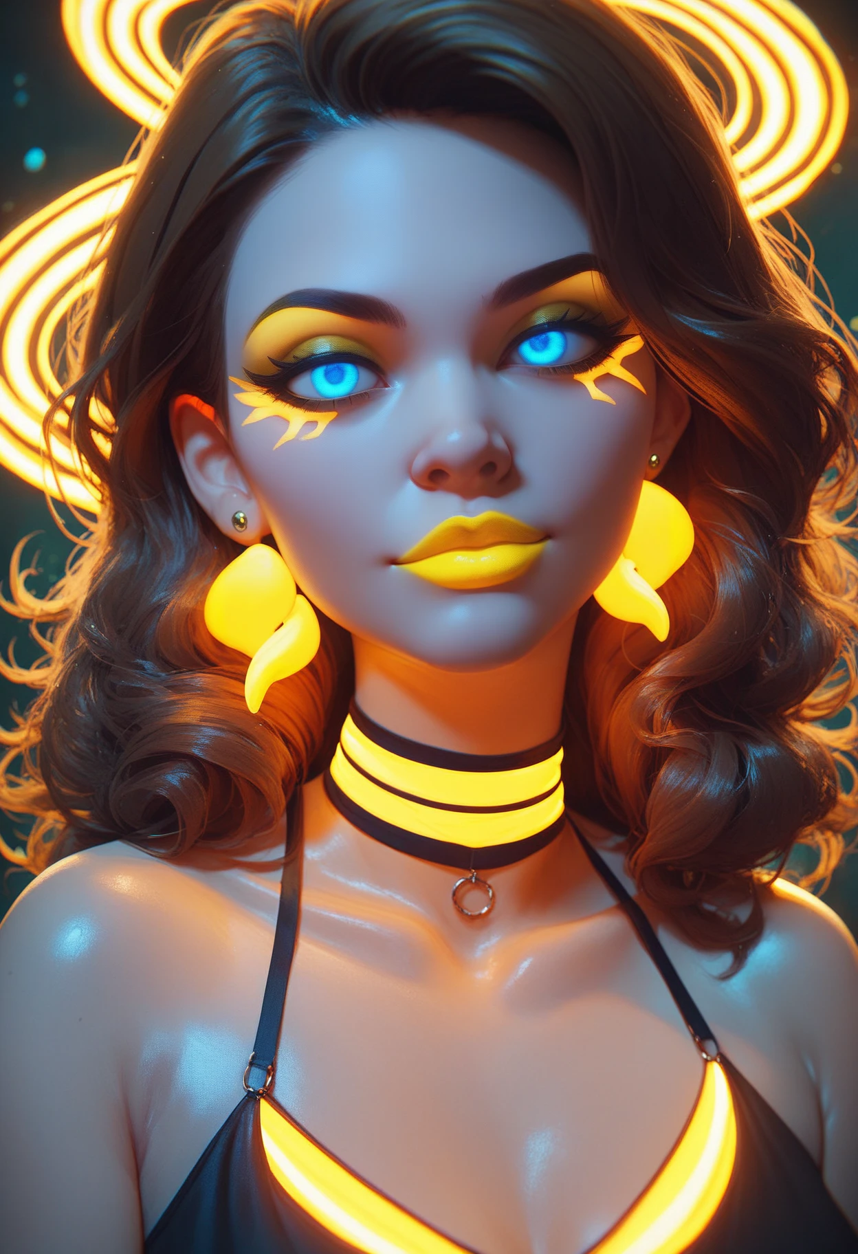 score_9, score_8_up, score_7_up, 1girl, glowing neon yellow earrings, glowing neon yellow choker, glowing neon yellow lipstick, glowing neon yellow makeup, blue eyes, brown hair, sleeveless black dress, <lora:lukethighwalkerneonponyv5:0.4>