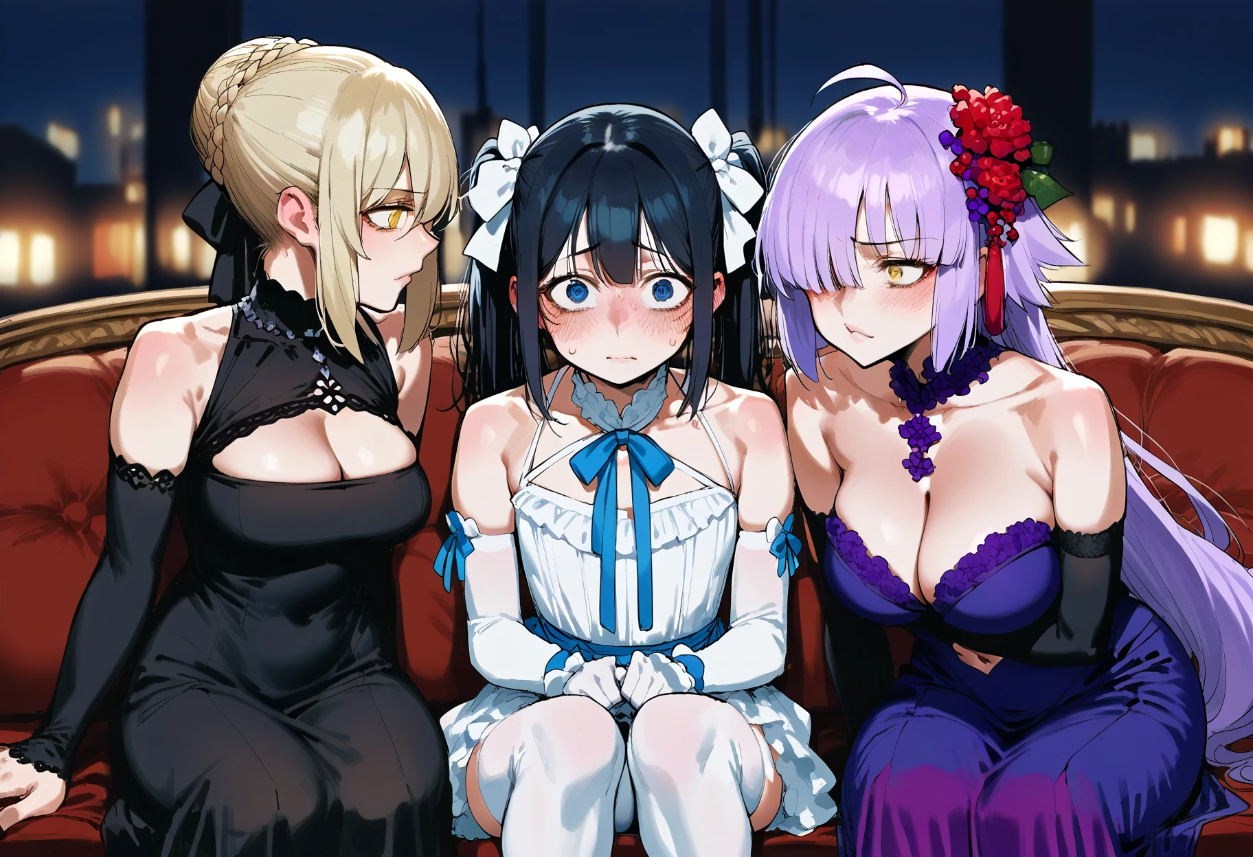 score_9, score_8_up, score_7_up, source_anime, 3girls, artoria pendragon alter, looking at another, blonde hair, yellow eyes, bare shoulders, black hair bow, black dress, black detached sleeves, diamond cutout, dress, french braid, hair between eyes, medium breasts, black thighighs, girl sandwich,
score_9, score_8_up, score_7_up, source_anime, 3girls, fujimaru ritsuka, crossdressing, embarrassed, averting eyes, looking at viewer, black hair, blue eyes, twintails, white sleeveless halterneck dress, white detached sleeves, white elbow gloves, hair over one eyes, blue hair ribbons, blue neck ribbon, blush, long hair, sidelocks, bare shoulders, breast padding, messy hair, white thighhighs, girl sandwich,
score_9, score_8_up, score_7_up, source_anime, 3girls, f jeanne d'arc alter \(fate\), looking at another, ahoge, white hair, yellow eyes, bare shoulders, black gloves, purple hair flower, red neck ribbon, cleavage, strapless purple evening gown, stomach cutout, black elbow gloves, large breasts, long hair, very long hair, black thighighs, girl sandwich,