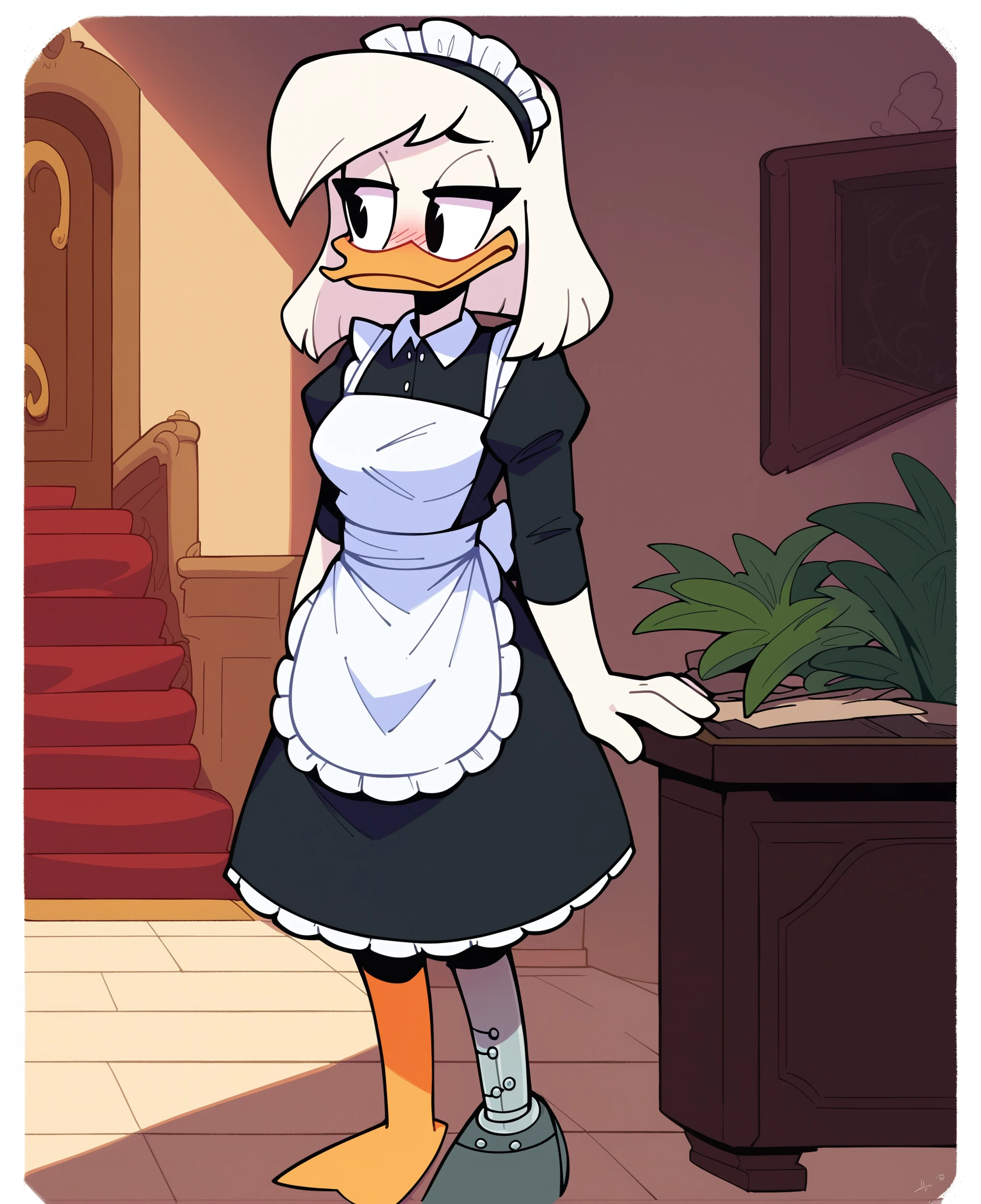 score_9, score_8_up, score_7_up, score_6_up, best quality, highres, source_furry, BREAK
drocll BREAK
1girl, mansion, inside, standing, solo, furry, duck, della duck, beak, white skin, white body, white hair, shoulder length hair, black eyes, orange legs (brass leg, prosthetic leg), heels, mouth closed, frown, half-closed eyes, blush, looking aside, breasts, maid uniform, maid headdress, maid apron, pantyhose, leggings <lora:Della_Duck:1>