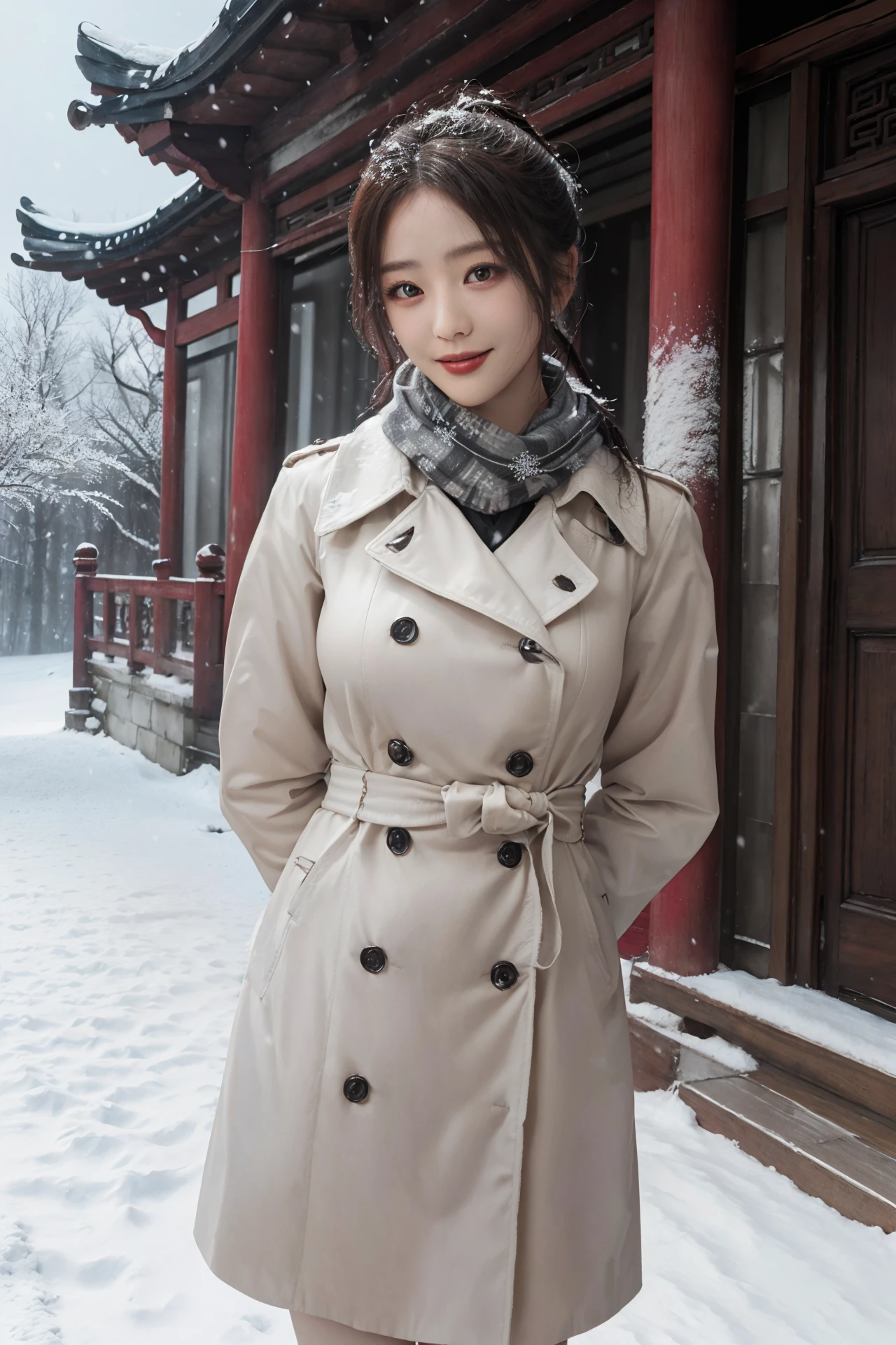 (4k, best quality, highres, absurdres, masterpiece:1.21), (realistic:1.331), detailed and intricate,
cinema light, (authentic skin texture:1.3),
1girl, perfect body, medium breasts, shiny skin,
light smile, arms behind back,
scarf, trench_coat,
chinese style architecture, snowing, snowflakes, winter, lamp,
<lora:add_detail:0.3>, <lora:girlslike_tly:0.8>