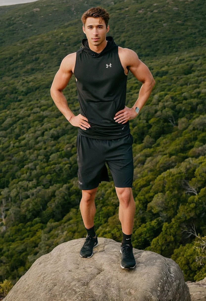 photo of Zayn Malik a man <lora:Carrington-Rodriguez_Zayn-Malik:1>, wearing a sleeveless well-fitted under armour hoodie and compression shorts, standing on a boulder, outdoor trail, 35mm photograph, film, bokeh, professional, 4k, highly detailed, creek in the background, natural lighting, golden hour